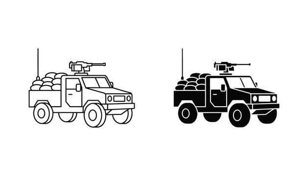 Military technical vehicle with machine gun and sandbags in outline and solid black silhouette for war game design or tactical asset