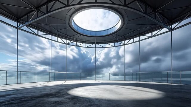 Modern circular architecture interior with glass walls and skylight under sky