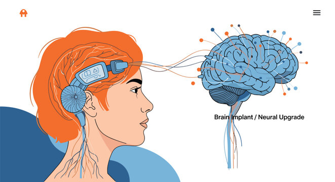 Futuristic brain implant and neural upgrade concept showing a woman's head connected by wires to a complex digital brain map illustration.