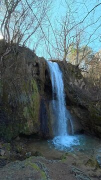 Water cascades down mossy rocks into a clear pool. Mount Ozren, (Balkans, Serbia) Vertical