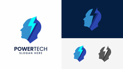 This striking logo design illustrates the fusion of technology and energy, featuring a bold silhouette of a head with a lightning bolt, symbolizing power and innovation. © James