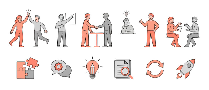 Business People Teamwork Icons Set - Collaboration, Success, Communication and Strategy Development Concepts. Flat Vector Illustrations for Corporate Growth, Problem Solving and Startup Innovation Pro