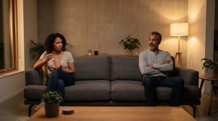 Obraz premium A mixed-race couple in their fifties sit at opposite ends of a couch in a modest living room under warm evening light, one partner holding a