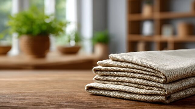 A stack of neutral toned folded linens rests on a wooden surface with a softly blurred background featuring lush greenery
