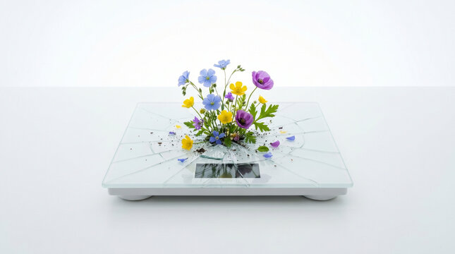 A sterile white background displays a broken bathroom scale with a small bouquet of wildflowers growing through the cracked display, the jux