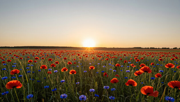 Sonnenuntergang &uuml;ber einem Mohnblumenfeld mit Kornblumen