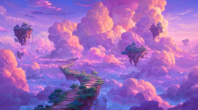 a dreamy fantasy painting of floating islands suspended above luminous pink and blue cloud layers with a narrow path to the horizon, the composition feels cinematic and whimsical, using radiant cloud 