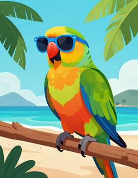 Farbenfroher Papagei mit Sonnenbrille auf einem Ast am tropischen Strand