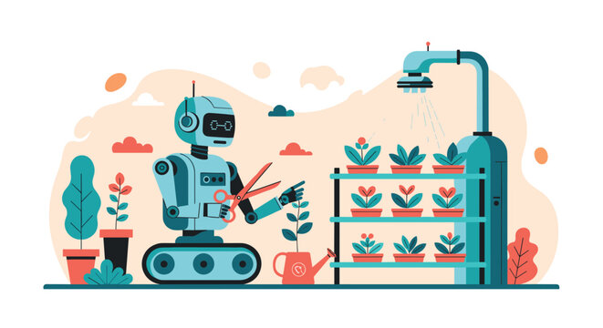 Futuristic robot gardener uses large scissors and a shower head to care for several rows of potted plants in a high-tech greenhouse.