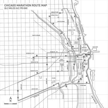 Chicago marathon route map showing streets landmarks parks and distance markers on transparent background.