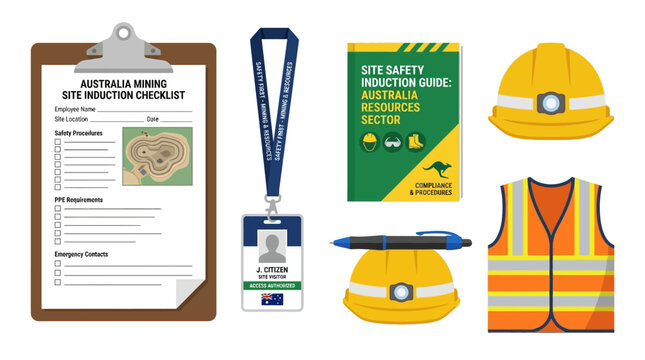 Australian mining site safety induction checklist with yellow hard hats, high visibility vest, lanyard identification card and compliance manual book.