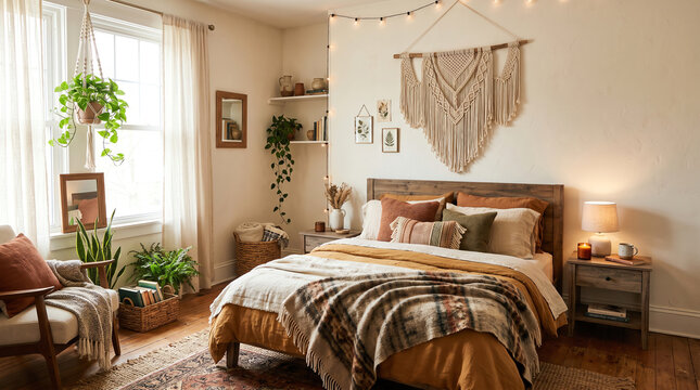 bright and cozy bedroom interior in boho style with wooden bed macrame wall hanging and green plants