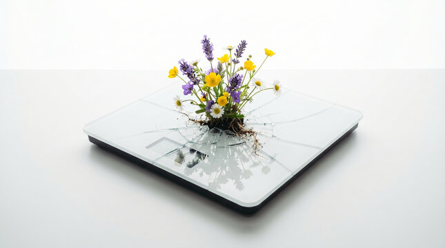 A sterile white background displays a broken bathroom scale with a small bouquet of wildflowers growing through the cracked display, the jux 2