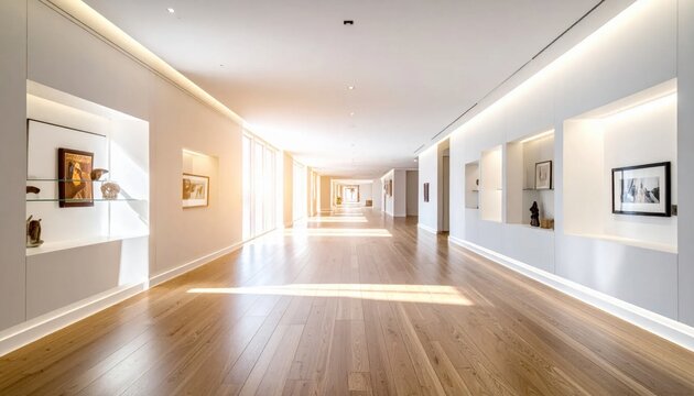 Modern gallery hallway with recessed wall niches, warm wooden flooring and soft ambient lighting, luxury interior design, architectural visualization