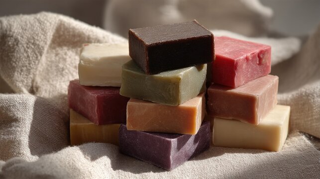 A Stack of Artisanal Handmade Soaps in Various Natural Colors and Textures