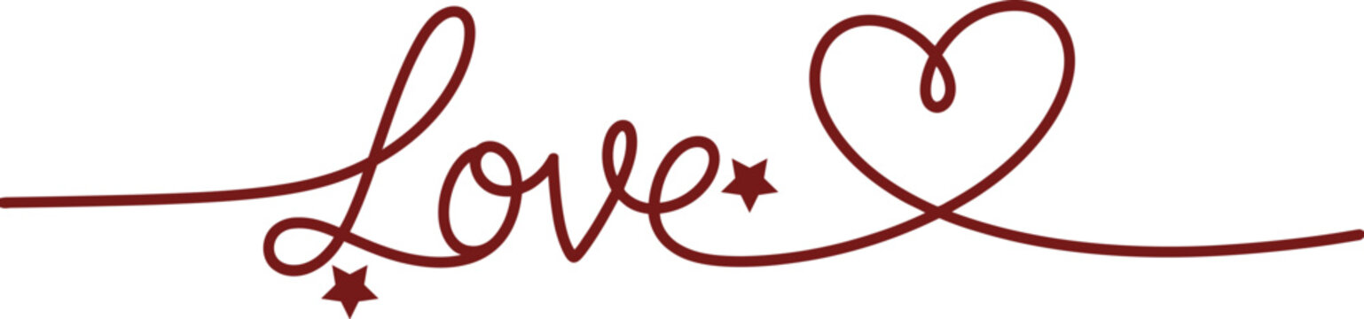 Red calligraphic love text script with decorative heart and star elements in one line art style isolated on white background.