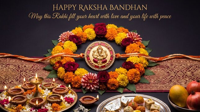 Rakhi thali with marigold flowers, sweets, and sacred thread for Raksha Bandhan celebration