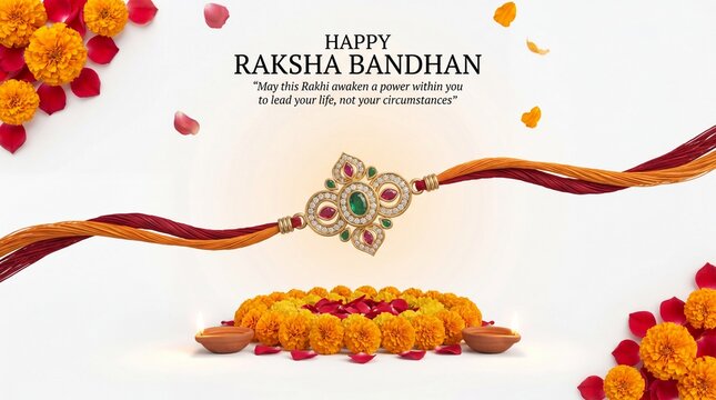 Rakhi sacred thread with marigold flowers and sweets for Raksha Bandhan festival celebration