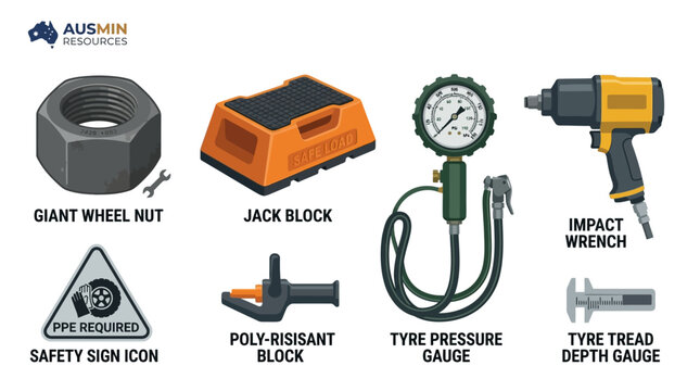 Heavy duty industrial maintenance equipment including a giant wheel nut, jack block, impact wrench, and tire pressure gauge tools set.