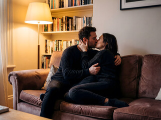 Obraz premium Romantic couple kissing on sofa in cozy home living room