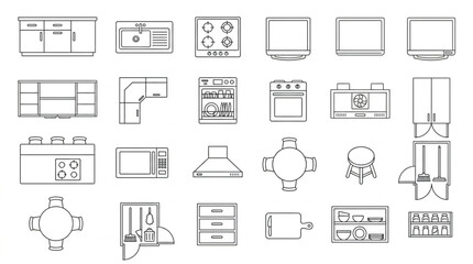 Collection of kitchen furniture and appliance line drawings. © Uli