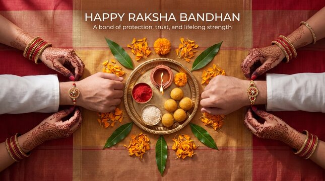 Sister tying rakhi on brothers wrist during Raksha Bandhan festival celebration