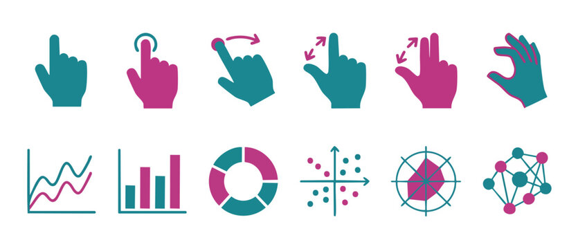 Touch Gestures and Data Chart Icons Set for UX UI Design
