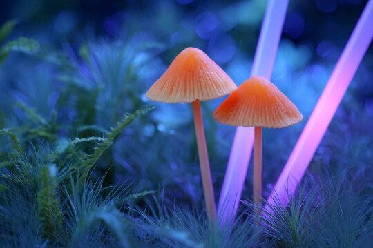 two glowing orange mushrooms in blue grass, with blue and purple lighting, and glowing sticks