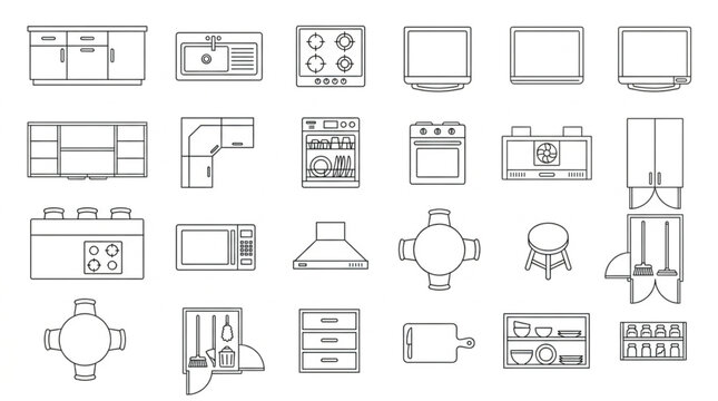 Collection of kitchen furniture and appliance line drawings.