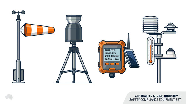 A set of weather monitoring instruments including wind socks, rain gauges, digital loggers, and various environmental sensors for data collection