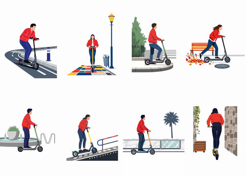 Set of flat vector illustrations depicting various people riding electric scooters in different urban environments, showcasing modern city commuting and micro-mobility lifestyles.
