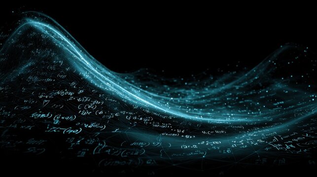 Complex algorithm visualization with glowing blue waves and mathematical formulas against a dark background