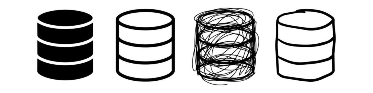 Set of Four Database Icons in Different Styles including Solid Outline Scribbled and Hand Drawn Doodle for Data Storage and Management Concepts