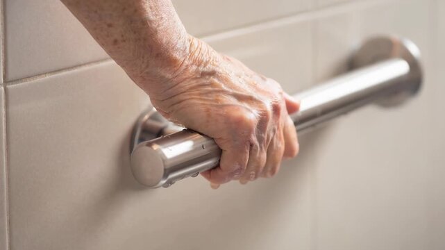 Close up of elderly hand gripping wet stainless steel bathroom grab bar for safety and support