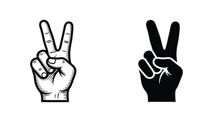 Obraz premium Hand gesture showing peace sign icon in detailed engraving and solid black graphic style