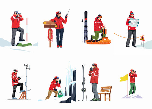Set of ski patrol and mountain rescue personnel performing safety and monitoring tasks in a snowy winter environment.