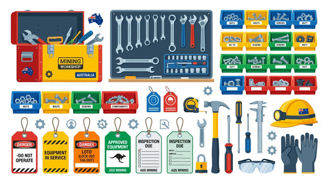 Detailed industrial mining workshop equipment collection featuring organized metal tools, safety gear, fasteners, hardware components, and essential inspection work tags.