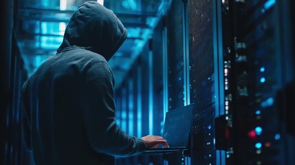 Fototapeta premium Person wearing a hooded sweatshirt stands inside a server room using a laptop computer.