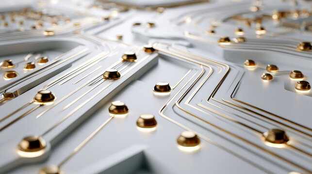 White circuit board gold connection metallic surface technology background futuristic pattern digital network abstract grid electronic detail data flow innovation concept