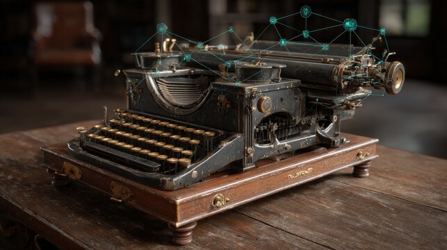 Vintage typewriter sits on a wooden desk with a digital network overlay.
