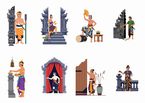 Set of Balinese Men Illustrations Showcasing Traditional Culture, Rituals, and Temple Guardians in Traditional Indonesian Attire