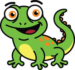 Fototapeta premium Cute cartoon green lizard with big orange eyes vector illustration