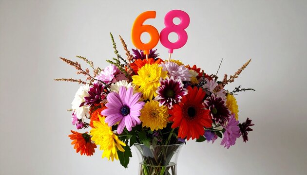 Vibrant Flower Bouquet with Number 68 for Birthday or Anniversary Celebration