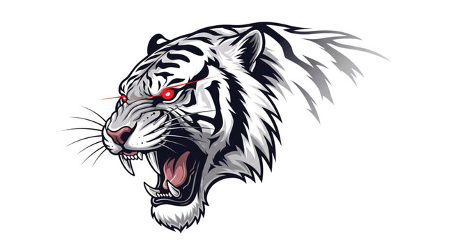 Fierce white tiger roaring with glowing red eyes, a powerful and aggressive predator illustration