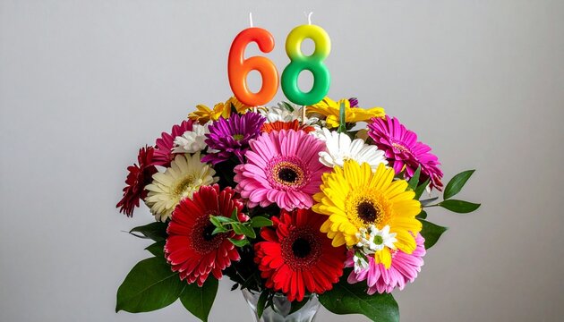 Vibrant Flower Bouquet with Number 68 for Birthday or Anniversary Celebration