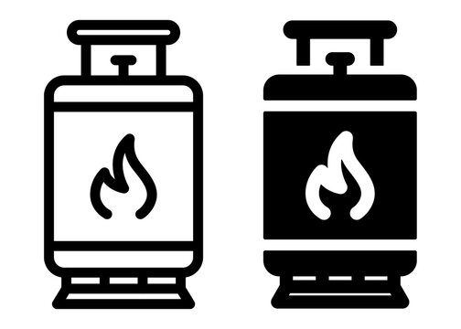 Gas cylinder icon set with flame symbol for energy and industrial fuel storage. Transparent PNG background