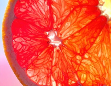 Macro closeup of vibrant red grapefruit slice showing organic pulp texture and translucent juice vesicles with warm lighting