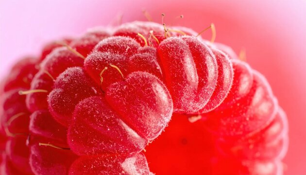 Extreme macro closeup of a fresh ripe raspberry showing detailed drupelet texture and vibrant red surface on soft pink background