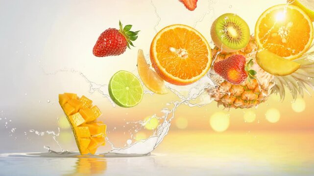 Vibrant splash of fresh fruits including oranges strawberries kiwi and pineapple refreshing healthy juice