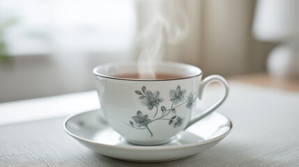 Fototapeta premium Steaming hot tea in a decorative ceramic cup and saucer